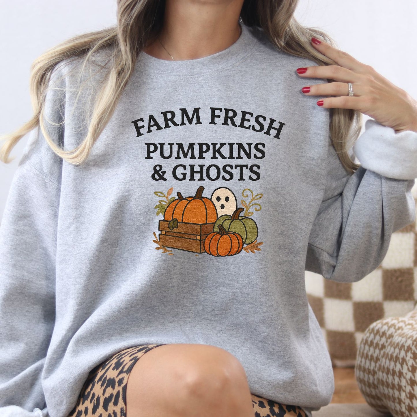 Farm Fresh Halloween Sweatshirt – Ghost & Pumpkin Embroidery Fall Crewneck