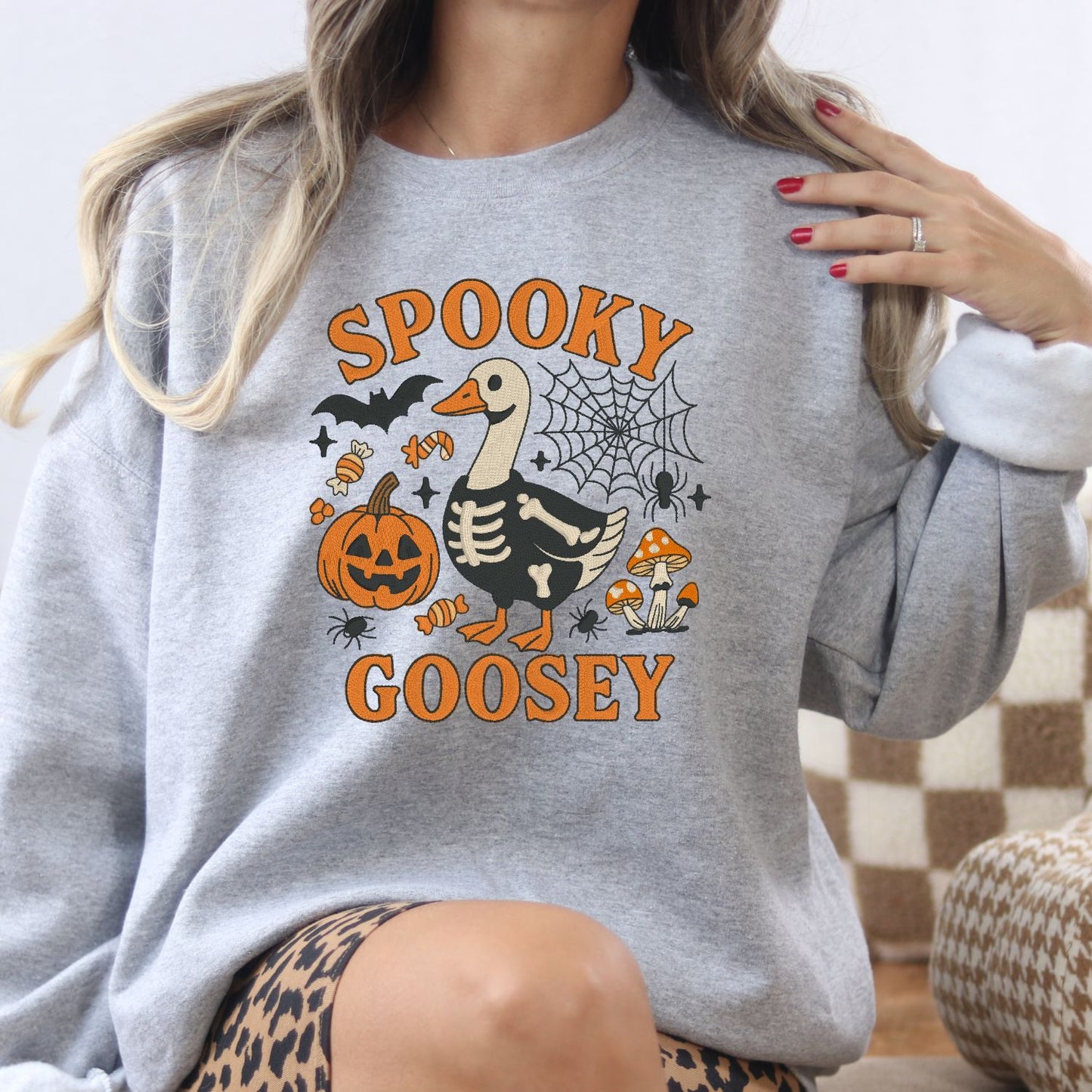 Spooky Goose Skeleton Embroidered Halloween Sweatshirt – Funny Fall Crewneck
