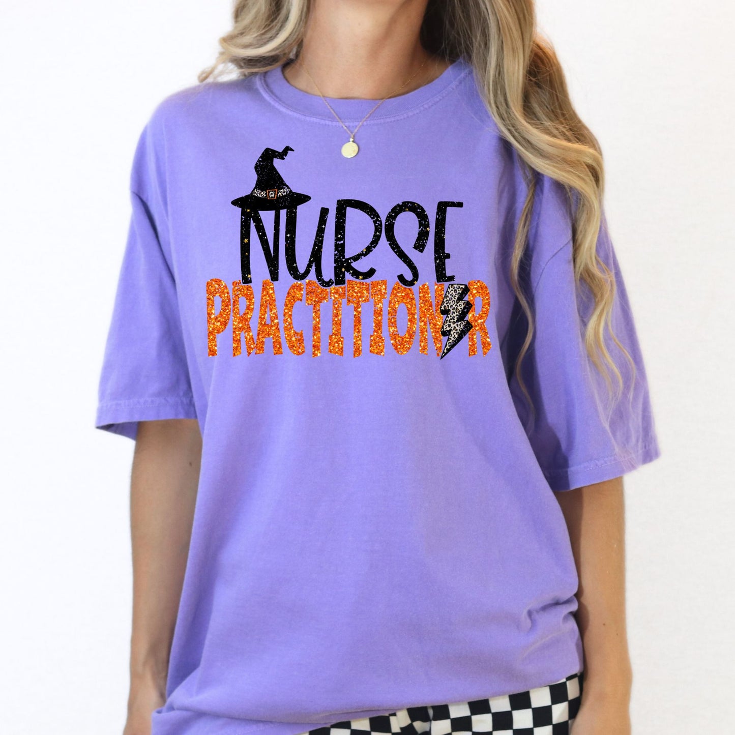 Halloween Nurse Practitioner Graphic Tee – Witch Hat & Lightning Bolt Design – Purple Unisex DTG Shirt