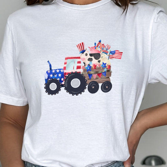 Patriotic t-shirt for kids perfect for fourth of july with truck and farm animals, cute patriotic shirt or crewneck