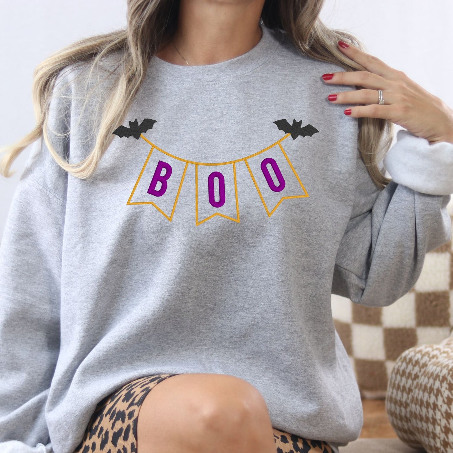 Halloween BOO Banner Applique Embroidery Shirt | Fall Pumpkin Patch Outfit | Spooky Season Sweatshirt | Cute Bats & Pennant Top