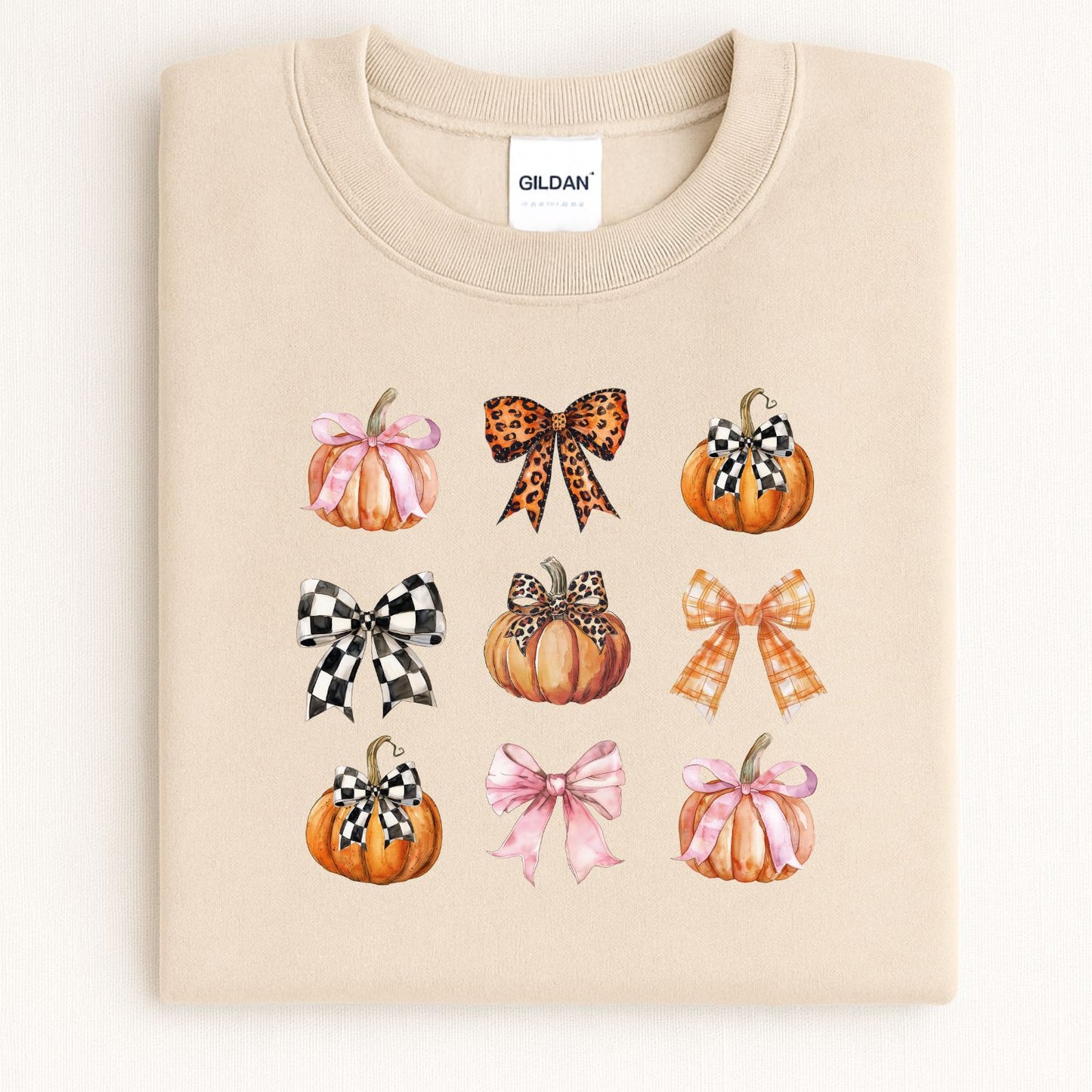 Fall Pumpkins and Bows Crewneck | Cozy Autumn DTG Sweatshirt | Checkered, Leopard & Plaid Bow Pumpkin Design