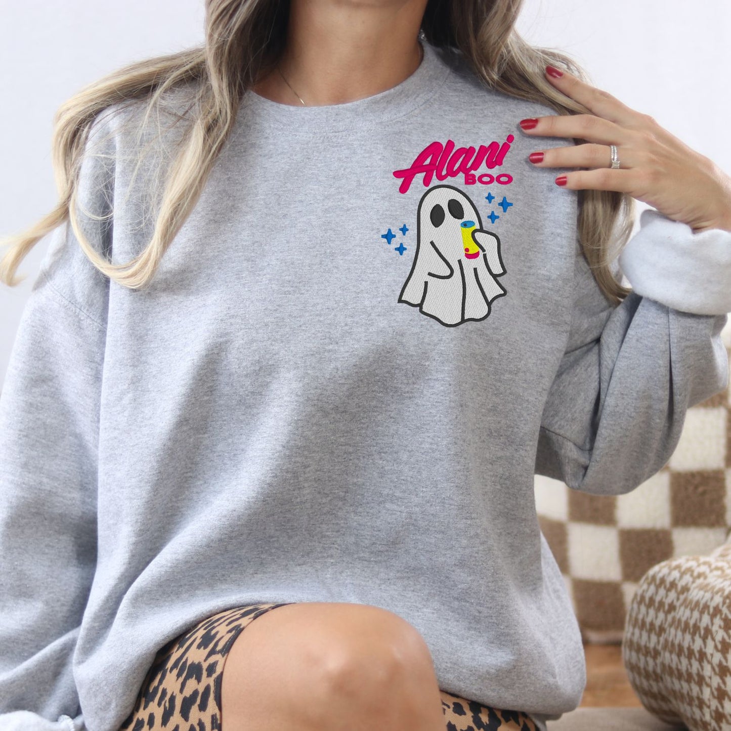 Cozy Ghost Embroidered Sweatshirt – Cute Halloween Pullover with Drink – Fall Autumn Spirit Crewneck – Spooky Season Embroidery Shirt