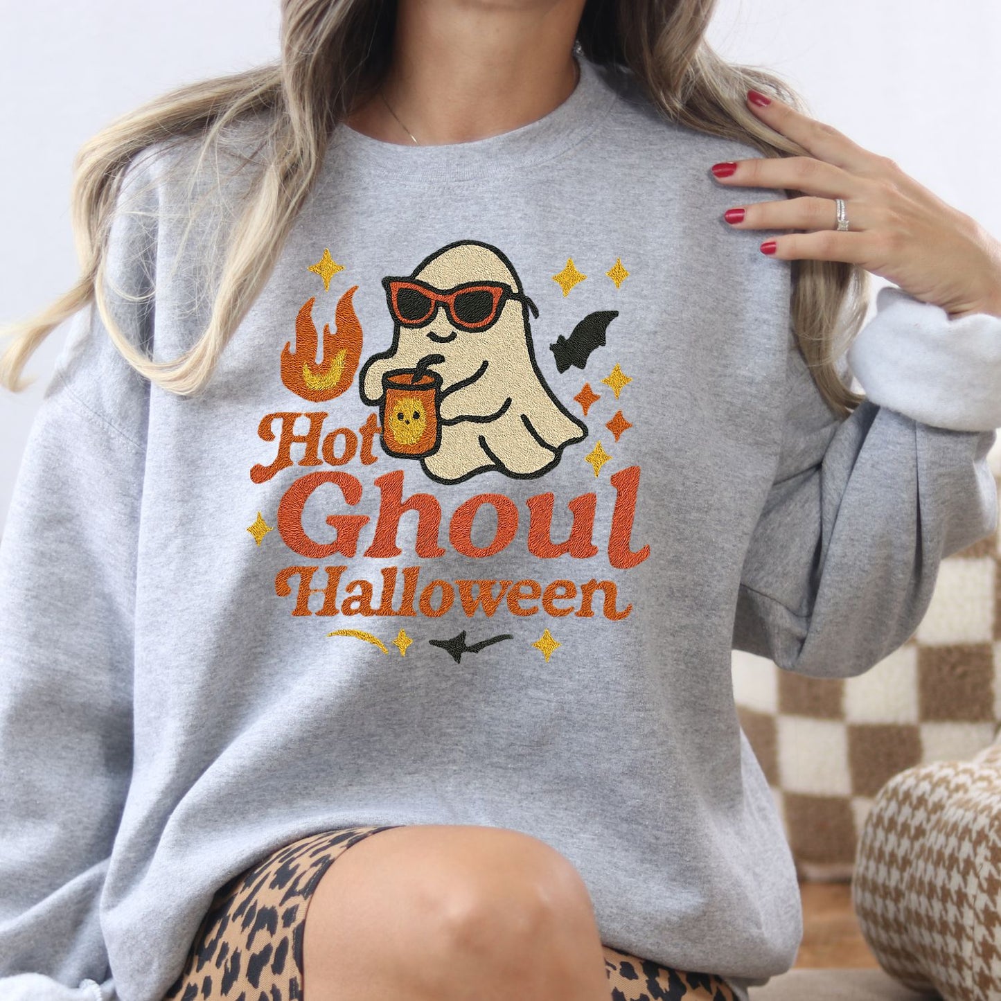 Hot Ghoul Halloween Embroidered Sweatshirt | Cozy Fall Ghost Crewneck | Spooky Season Pullover for Women