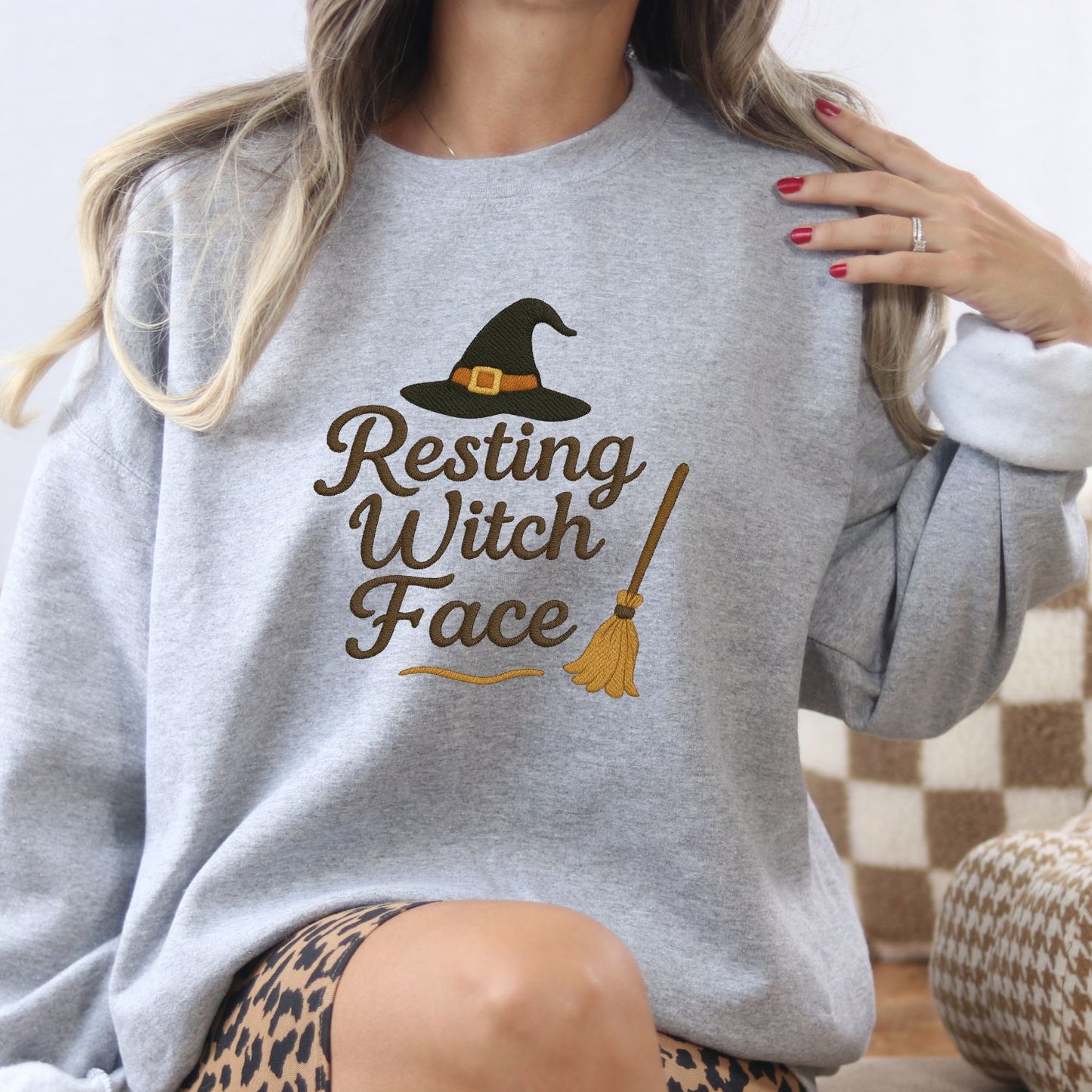 Witchy Embroidered Halloween Sweatshirt – Cozy “Resting Witch Face” Pullover for Spooky Season Vibes
