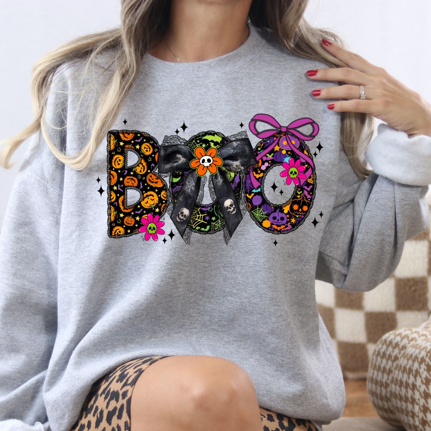 BOO Halloween Shirt – Cute Spooky Bow Graphic Tee | Colorful Pumpkin & Skull Shirt | Pastel Goth Halloween Shirt | Purple Fall Aesthetic Tee