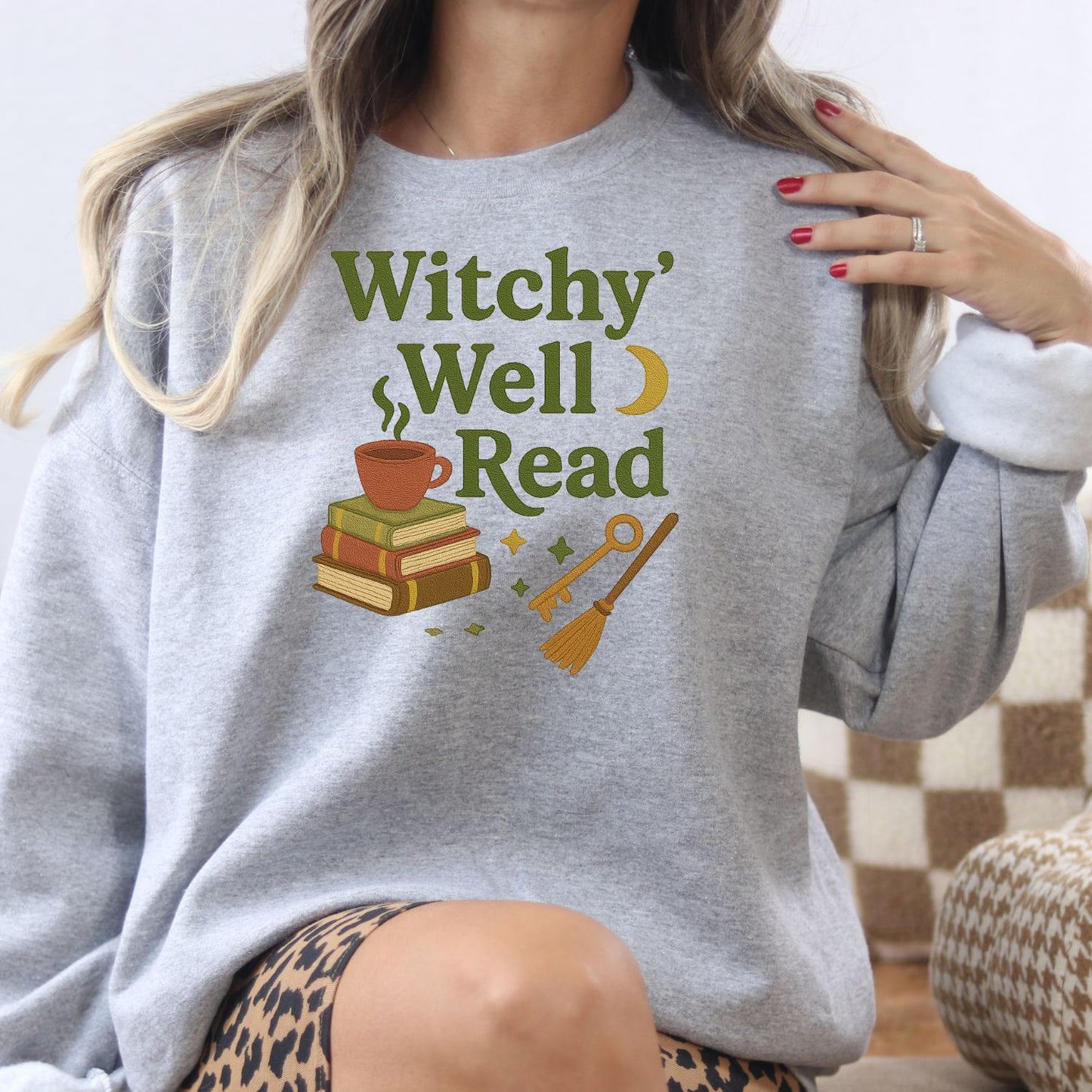 Witchy Book Lover Embroidered Sweatshirt – Spooky Autumn Cozy Reading Crewneck