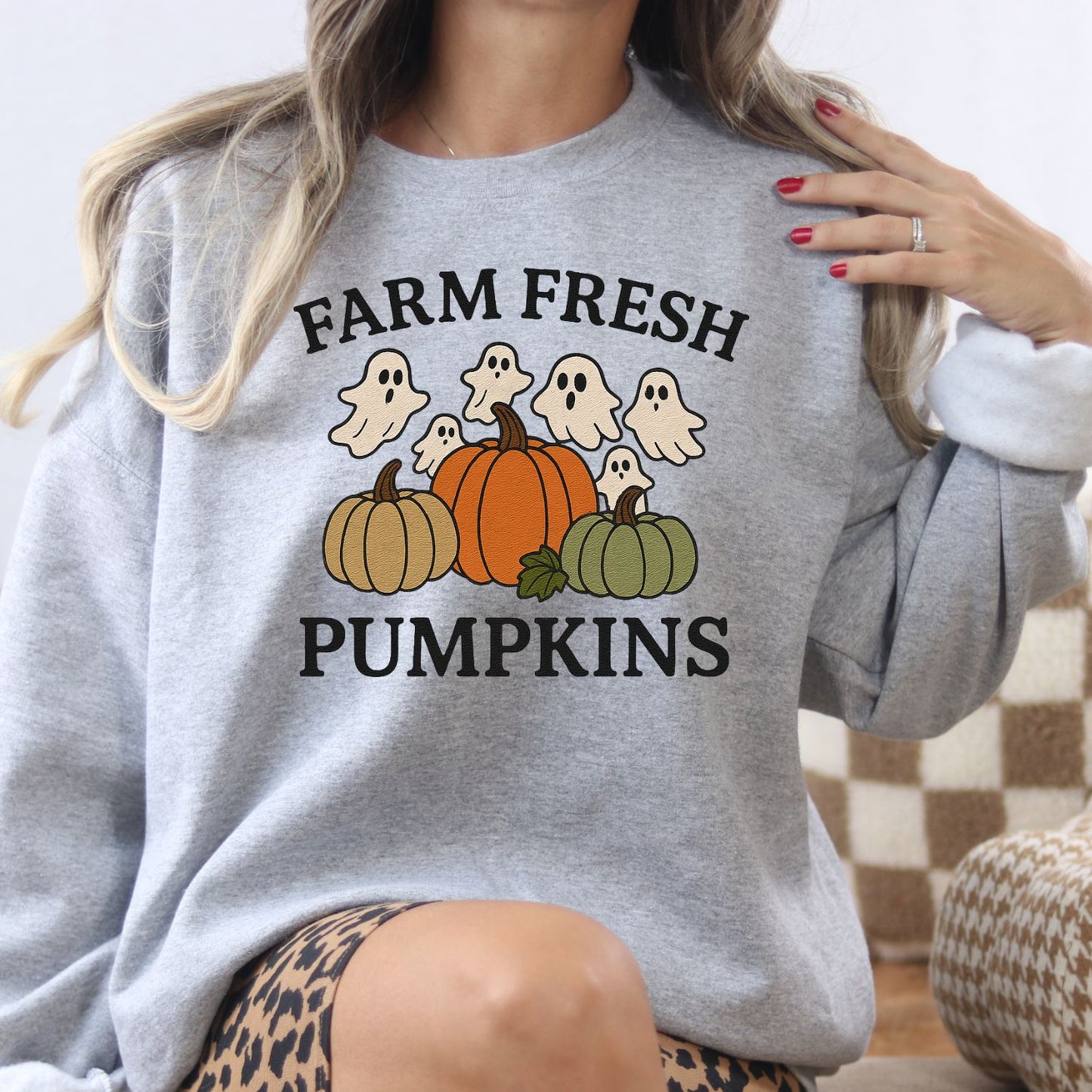 Farm Fresh Pumpkins and Ghosts Sweatshirt – Cozy Fall Embroidered Crewneck for Autumn Lovers
