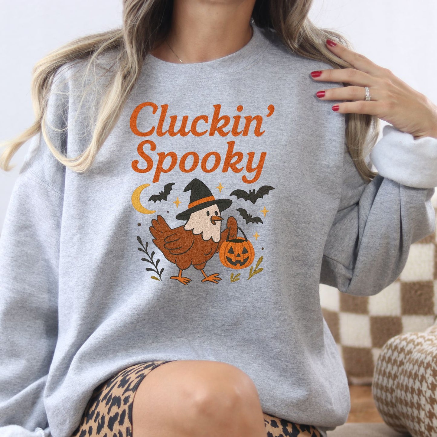Cluckin’ Spooky Chicken Halloween Sweatshirt – Fall Embroidered Pullover for Cozy Season