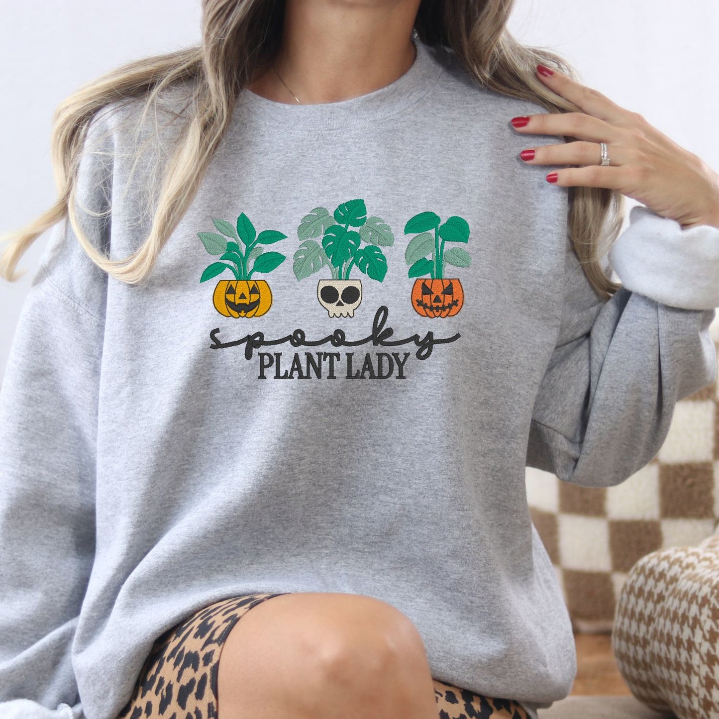 Spooky Plant Lady Halloween Sweatshirt – Jack-o'-Lantern Embroidery – Plant Mom Fall Crewneck