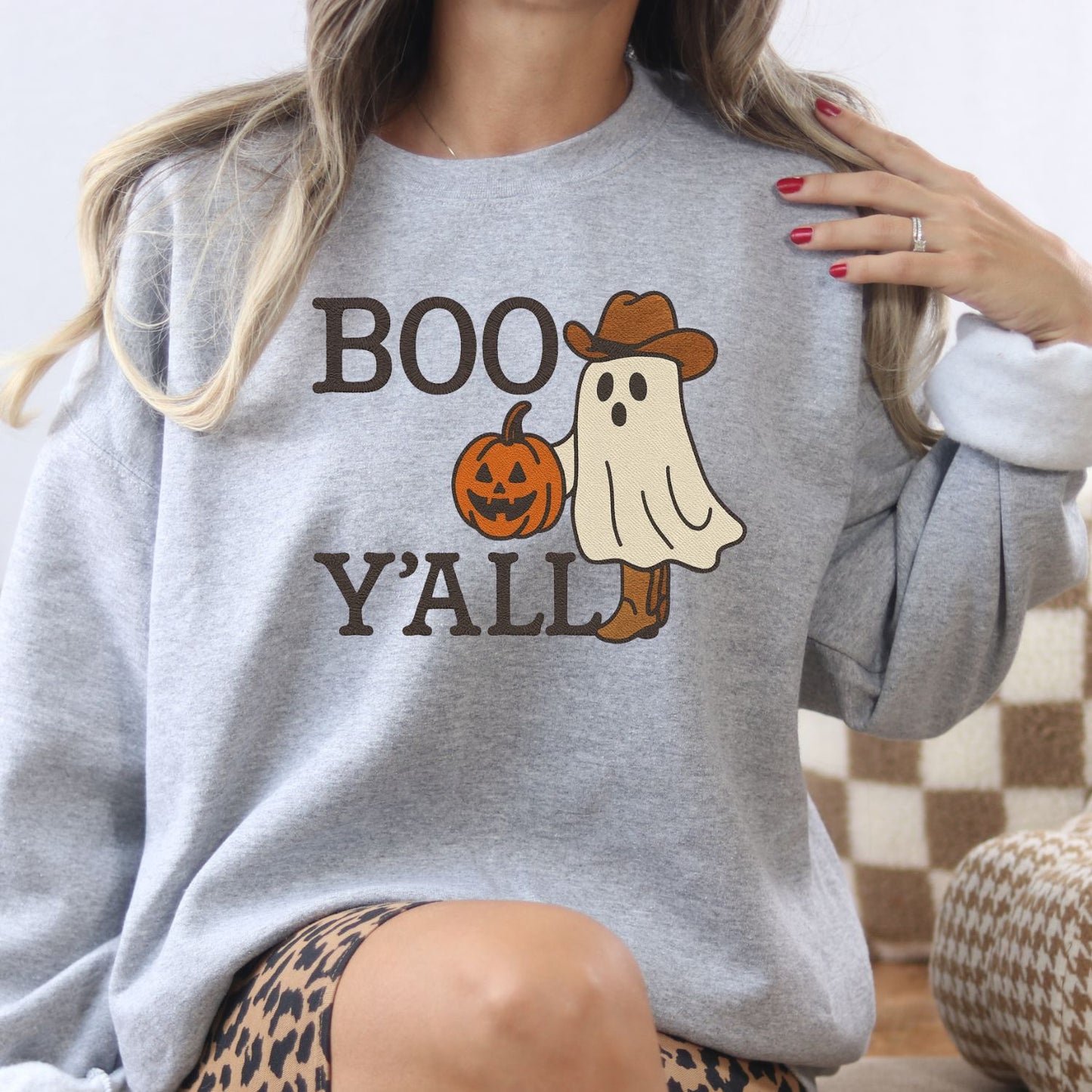 Boo Y’all Ghost Cowboy Embroidered Sweatshirt | Western Fall Halloween Crewneck