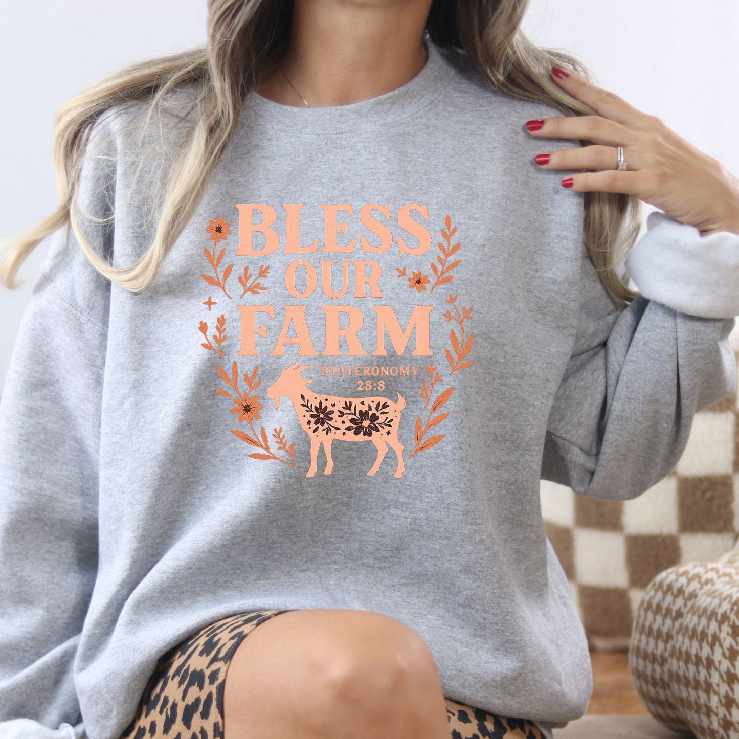 Bless Our Farm Sweatshirt | Inspirational Farm Quote Shirt with Goat and Floral Design | Christian Country Living Pullover