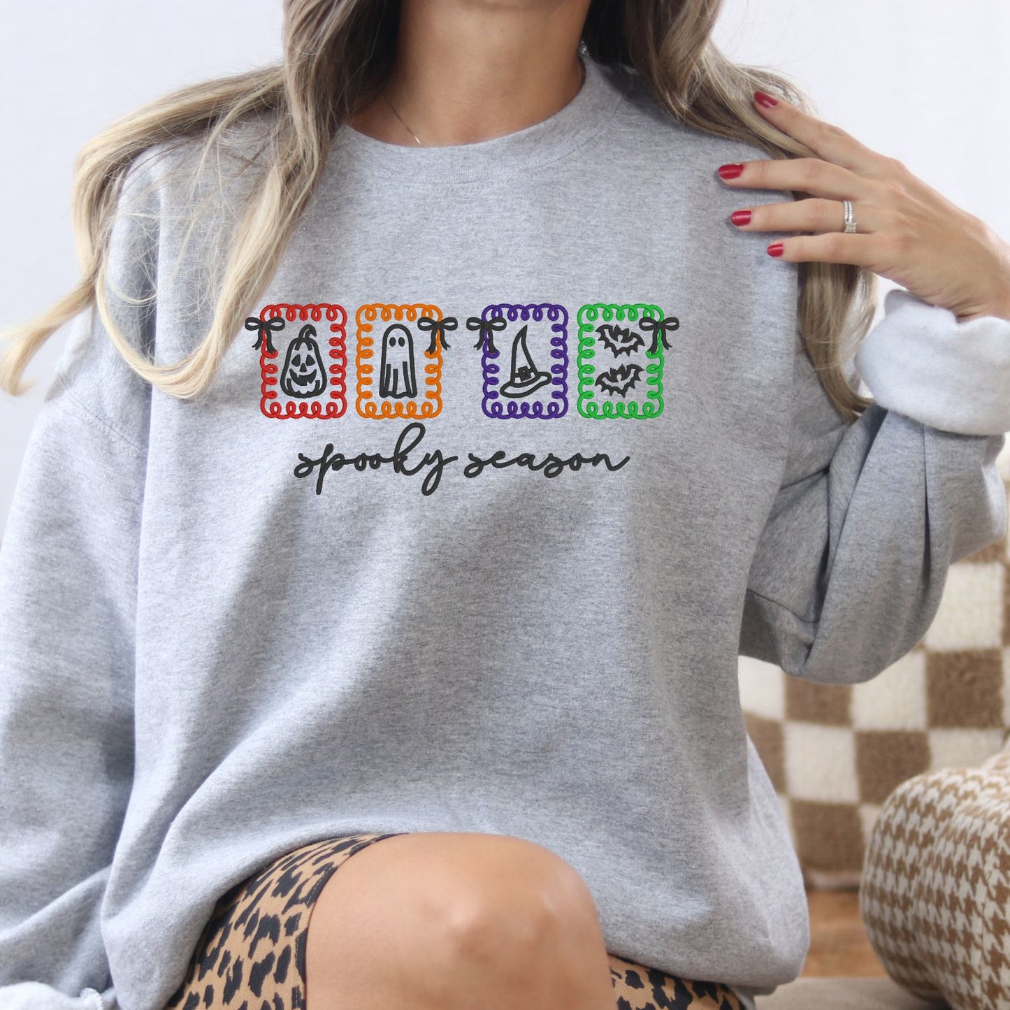 Spooky Season Embroidered Halloween Sweatshirt – Cute Ghost Fall Crewneck for Women