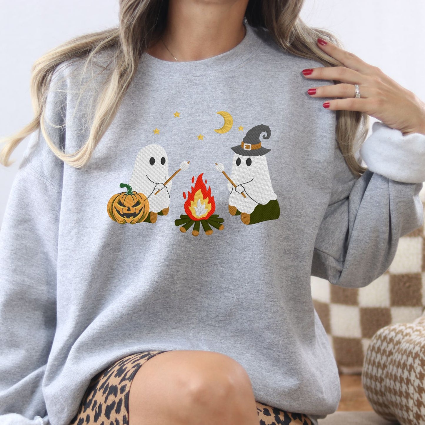 Campfire Ghost Embroidered Sweatshirt | Cute Fall Crewneck | Spooky Season Cozy Pullover