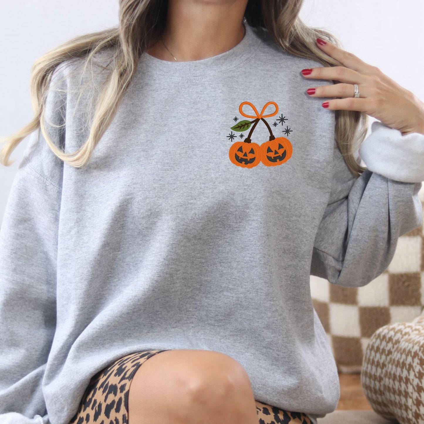 Pumpkin Pair Embroidered Crewneck Sweatshirt – Cozy Fall Halloween Aesthetic