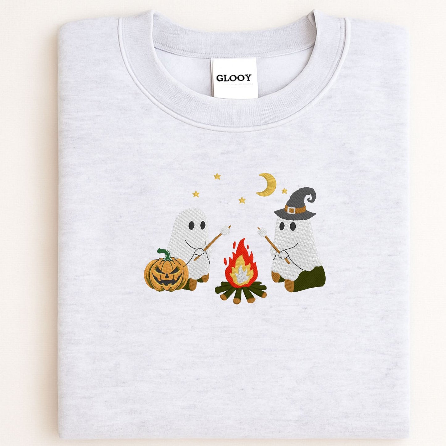 Campfire Ghost Embroidered Sweatshirt | Cute Fall Crewneck | Spooky Season Cozy Pullover