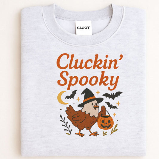 Cluckin’ Spooky Chicken Halloween Sweatshirt – Fall Embroidered Pullover for Cozy Season