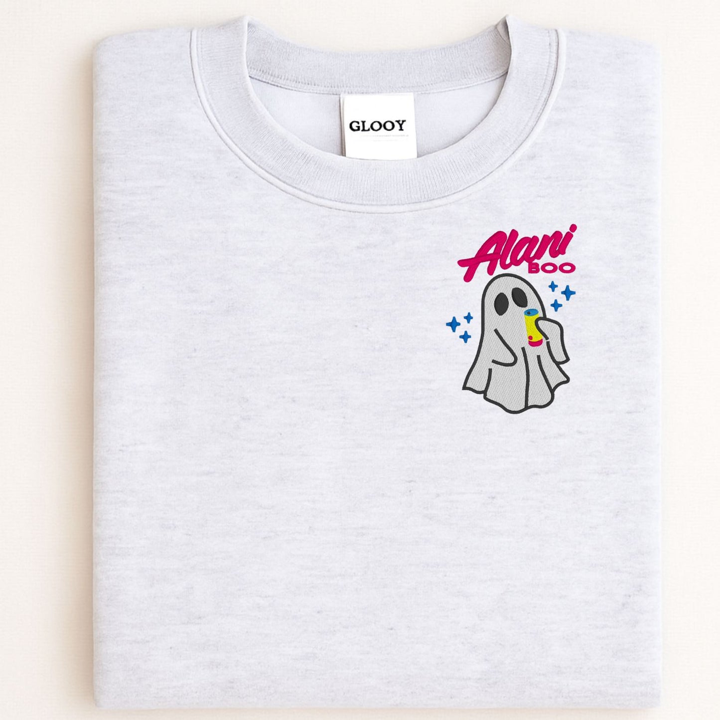 Cozy Ghost Embroidered Sweatshirt – Cute Halloween Pullover with Drink – Fall Autumn Spirit Crewneck – Spooky Season Embroidery Shirt