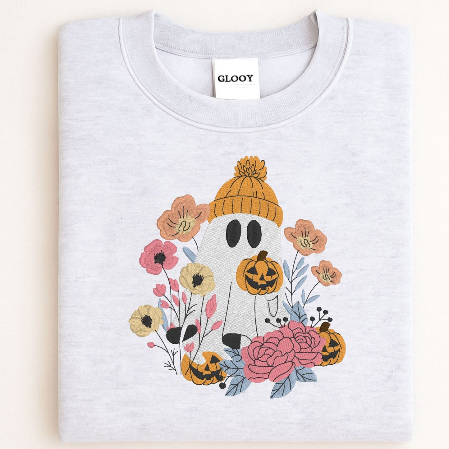 Floral Ghost Sweatshirt – Cozy Fall Embroidered Halloween Pullover