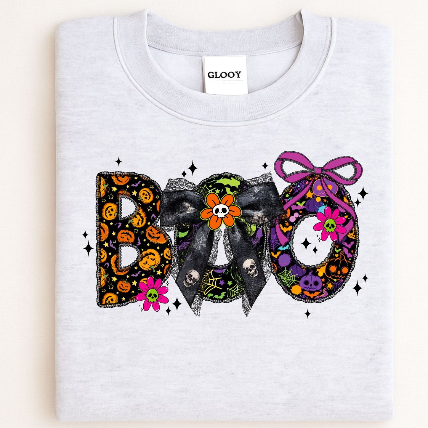 BOO Halloween Shirt – Cute Spooky Bow Graphic Tee | Colorful Pumpkin & Skull Shirt | Pastel Goth Halloween Shirt | Purple Fall Aesthetic Tee