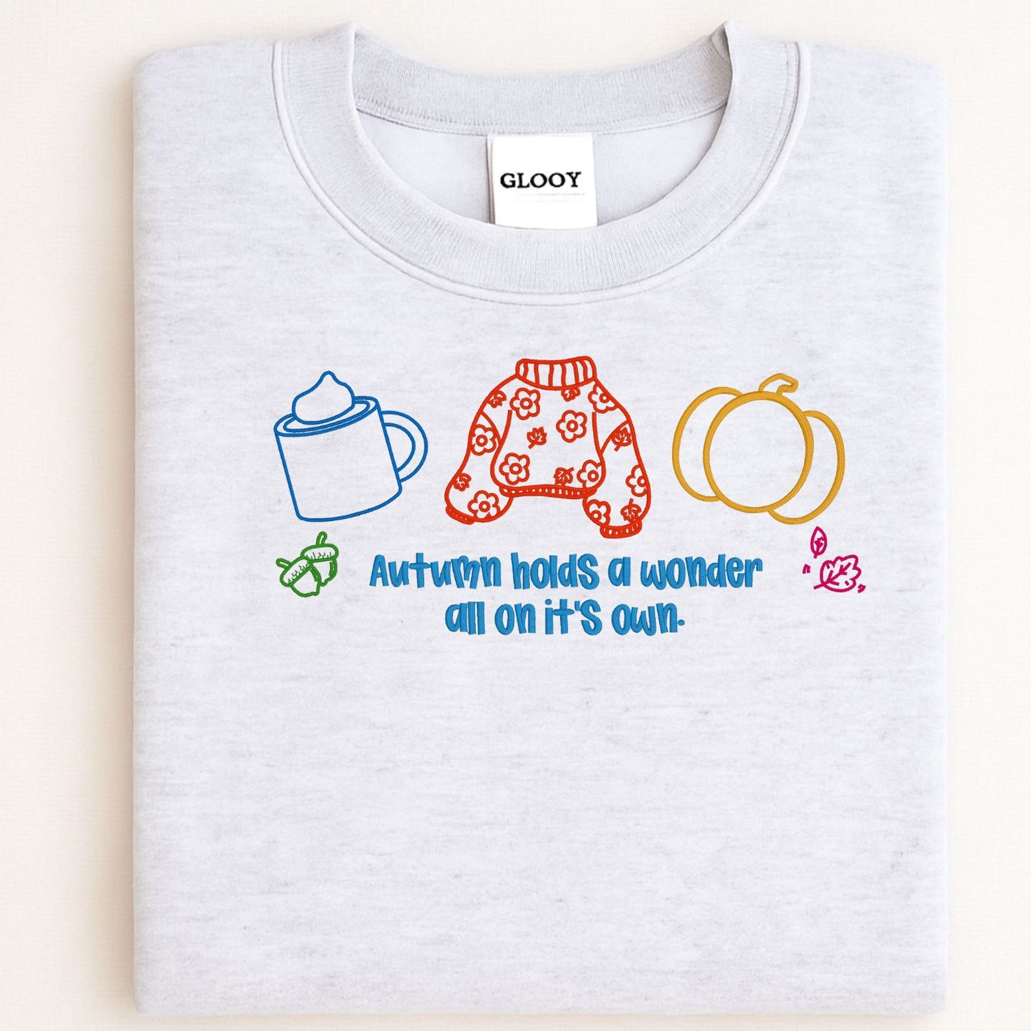 Cozy Autumn Embroidered Sweatshirt – Fall Sweater, Pumpkin, and Coffee Outline – Autumn Quote Embroidery Gift