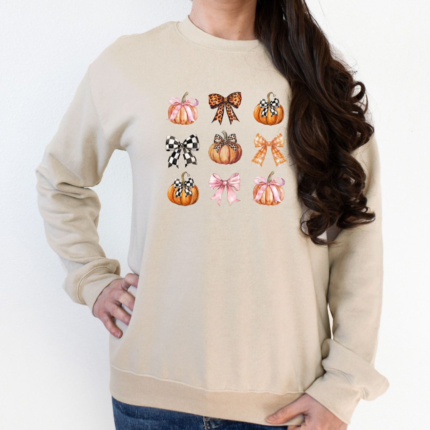 Fall Pumpkins and Bows Crewneck | Cozy Autumn DTG Sweatshirt | Checkered, Leopard & Plaid Bow Pumpkin Design