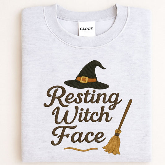 Witchy Embroidered Halloween Sweatshirt – Cozy “Resting Witch Face” Pullover for Spooky Season Vibes