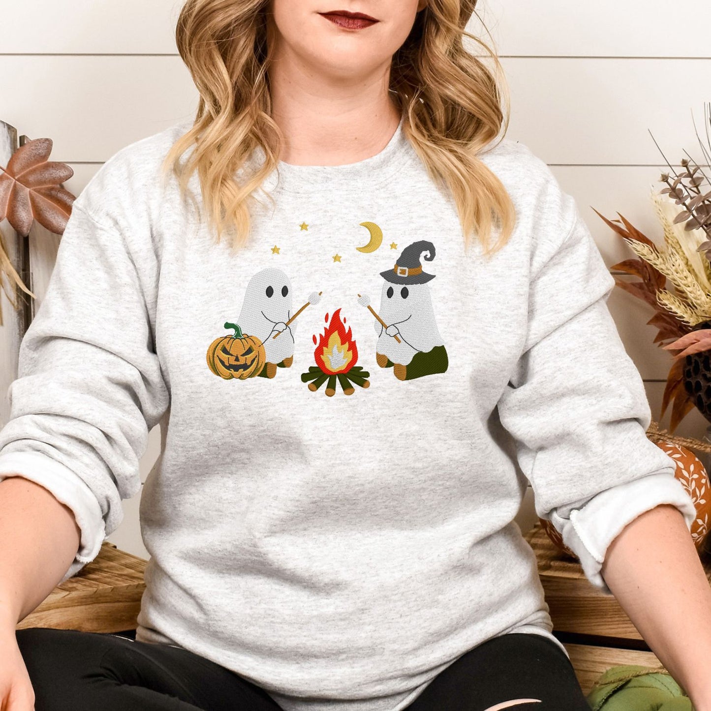 Campfire Ghost Embroidered Sweatshirt | Cute Fall Crewneck | Spooky Season Cozy Pullover