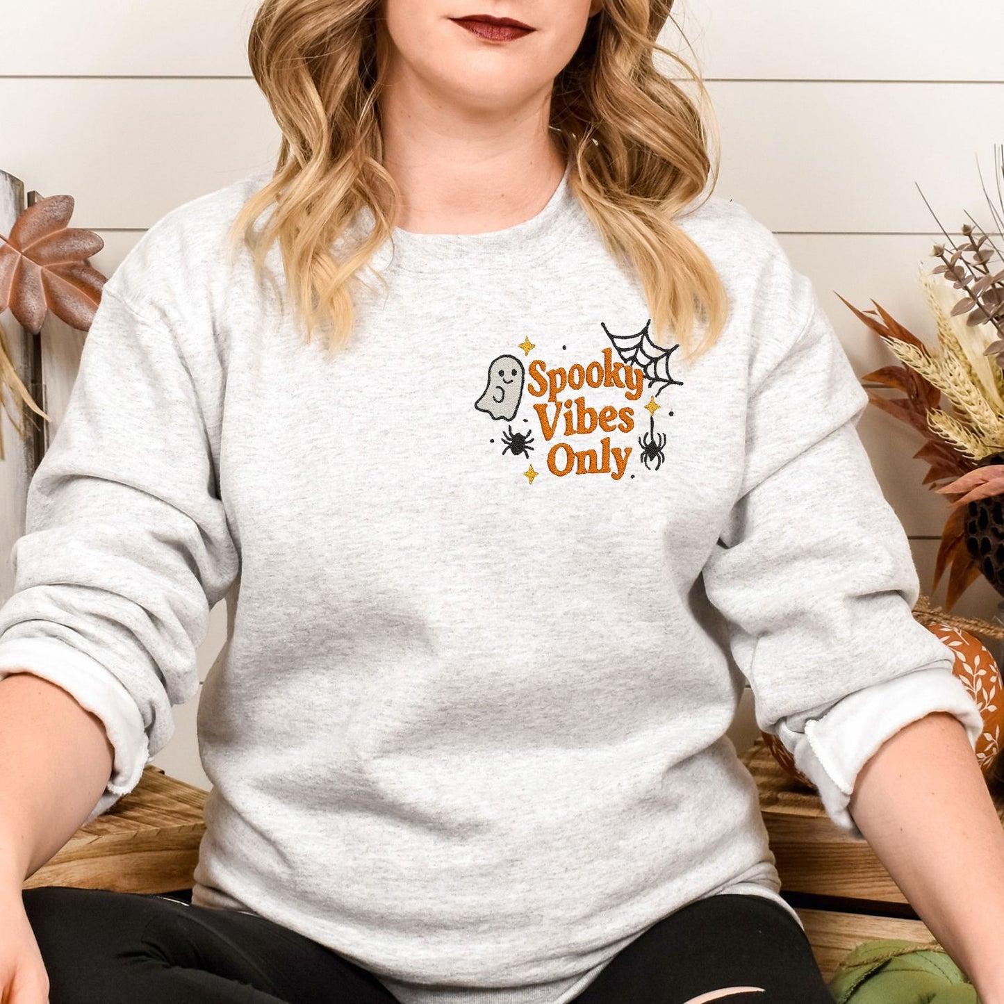 Spooky Ghost Embroidered Halloween Crewneck | Fall Cozy Sweatshirt | Cute Spiderweb Ghost Sweater