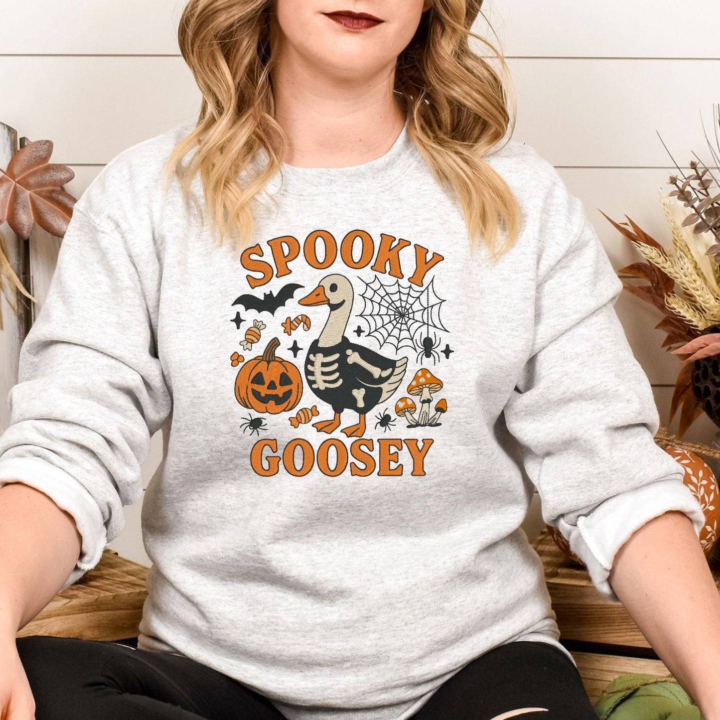 Spooky Goose Skeleton Embroidered Halloween Sweatshirt – Funny Fall Crewneck