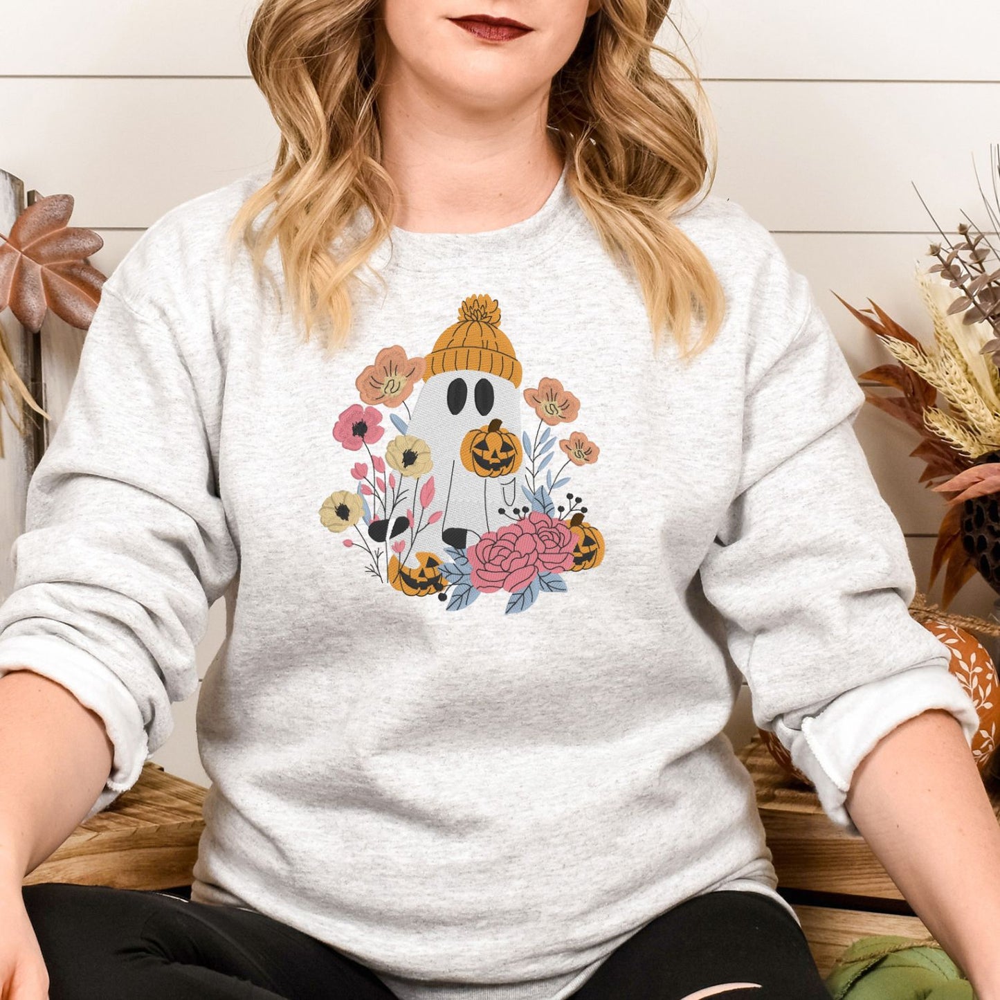 Floral Ghost Sweatshirt – Cozy Fall Embroidered Halloween Pullover