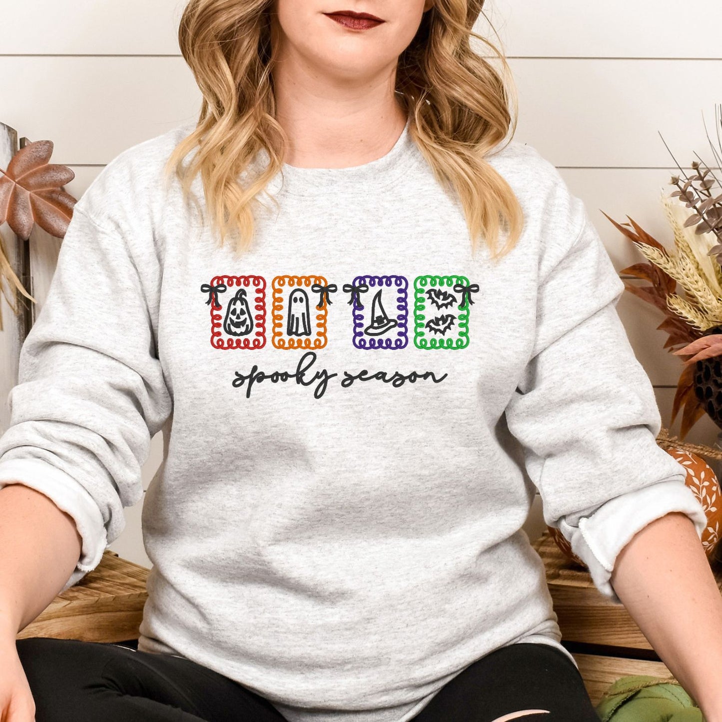 Spooky Season Embroidered Halloween Sweatshirt – Cute Ghost Fall Crewneck for Women