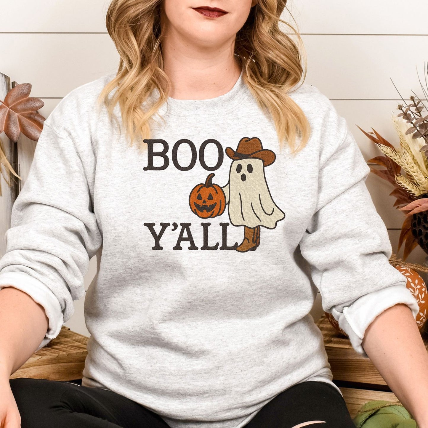 Boo Y’all Ghost Cowboy Embroidered Sweatshirt | Western Fall Halloween Crewneck