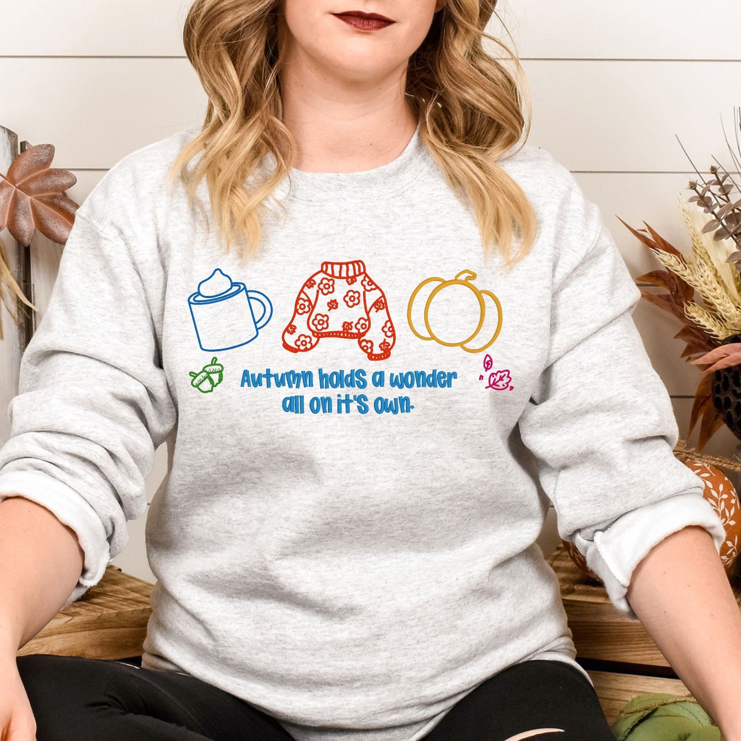 Cozy Autumn Embroidered Sweatshirt – Fall Sweater, Pumpkin, and Coffee Outline – Autumn Quote Embroidery Gift