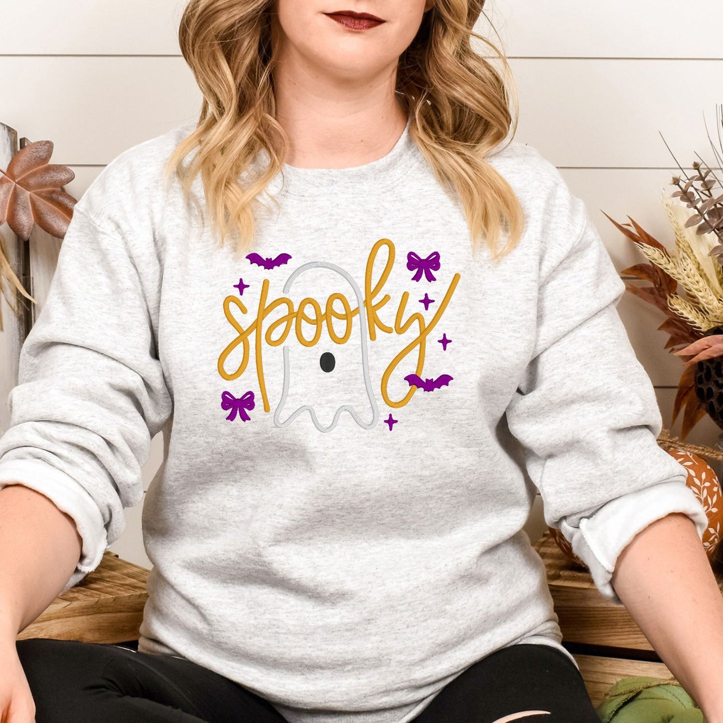 Spooky Cute Ghost Bow Embroidered Halloween Sweatshirt – Cozy Fall Crewneck for Women