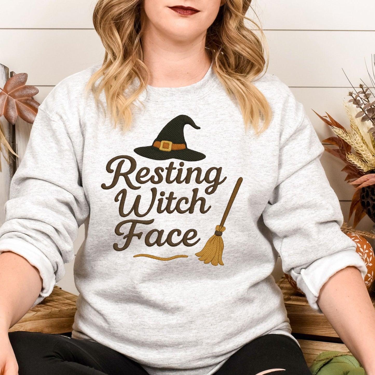 Witchy Embroidered Halloween Sweatshirt – Cozy “Resting Witch Face” Pullover for Spooky Season Vibes