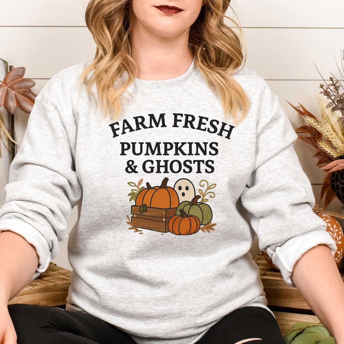 Farm Fresh Halloween Sweatshirt – Ghost & Pumpkin Embroidery Fall Crewneck