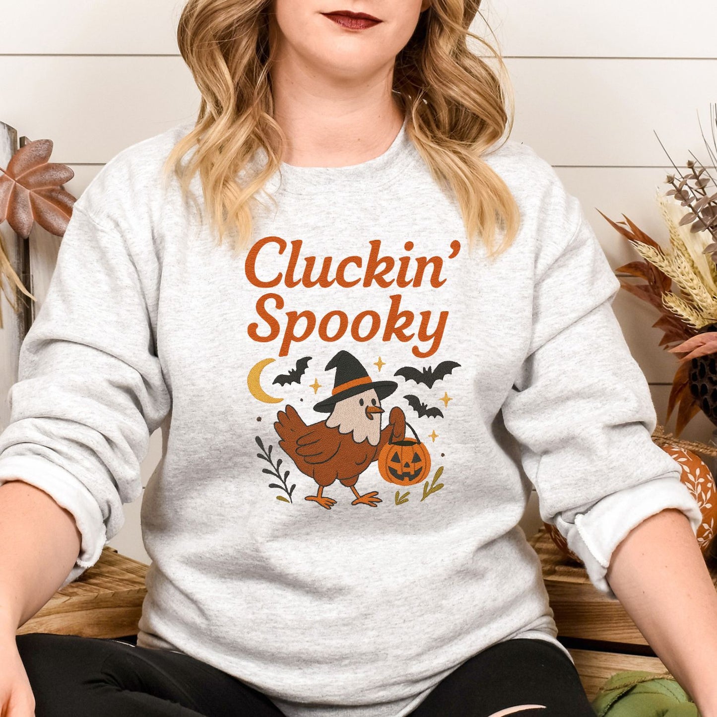 Cluckin’ Spooky Chicken Halloween Sweatshirt – Fall Embroidered Pullover for Cozy Season