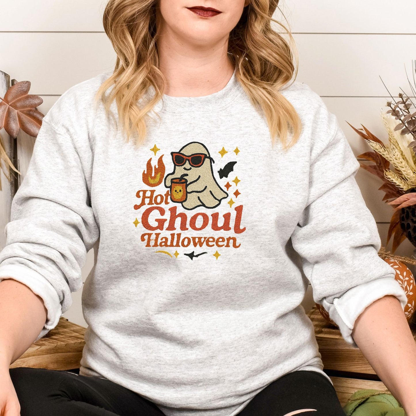 Hot Ghoul Halloween Embroidered Sweatshirt | Cozy Fall Ghost Crewneck | Spooky Season Pullover for Women