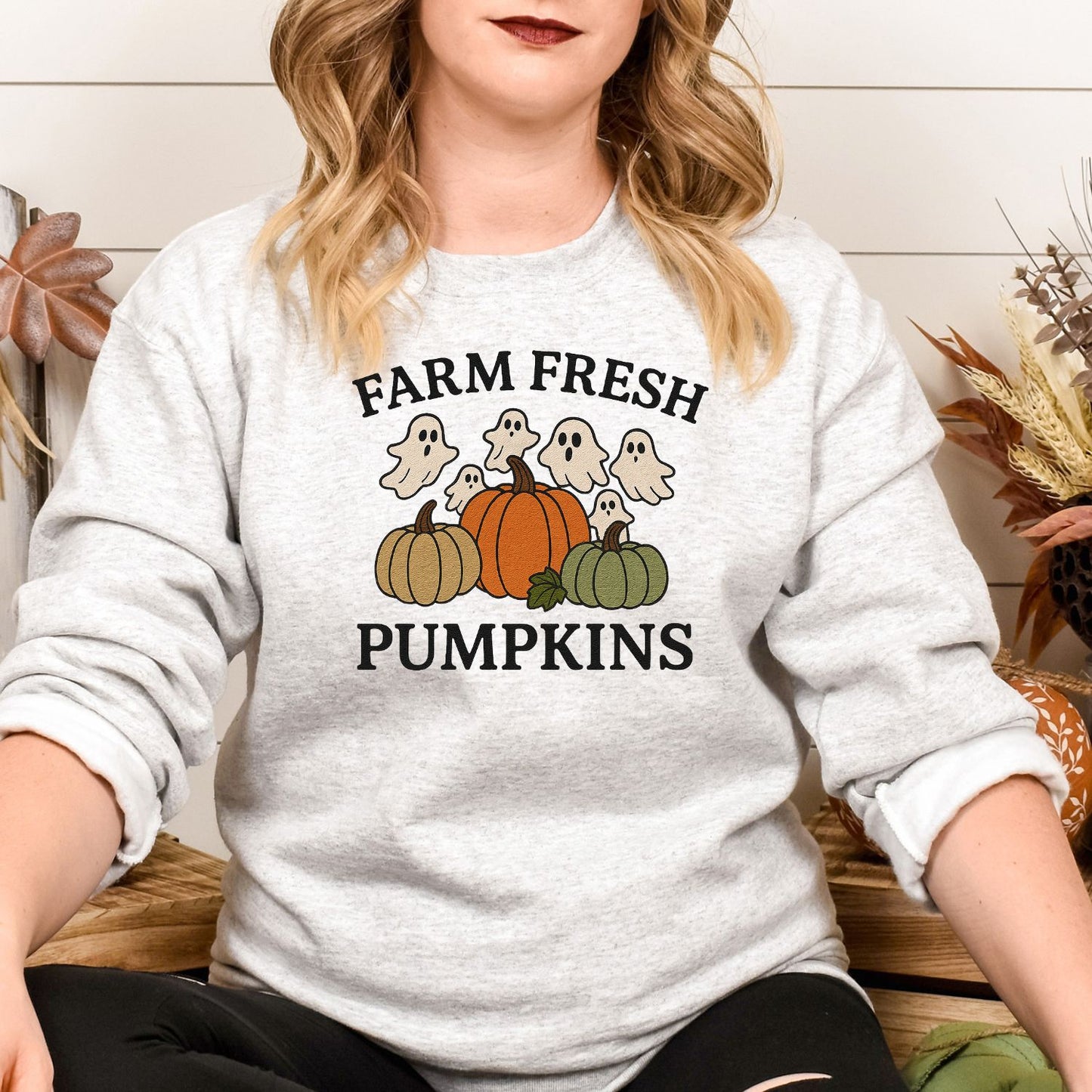 Farm Fresh Pumpkins and Ghosts Sweatshirt – Cozy Fall Embroidered Crewneck for Autumn Lovers