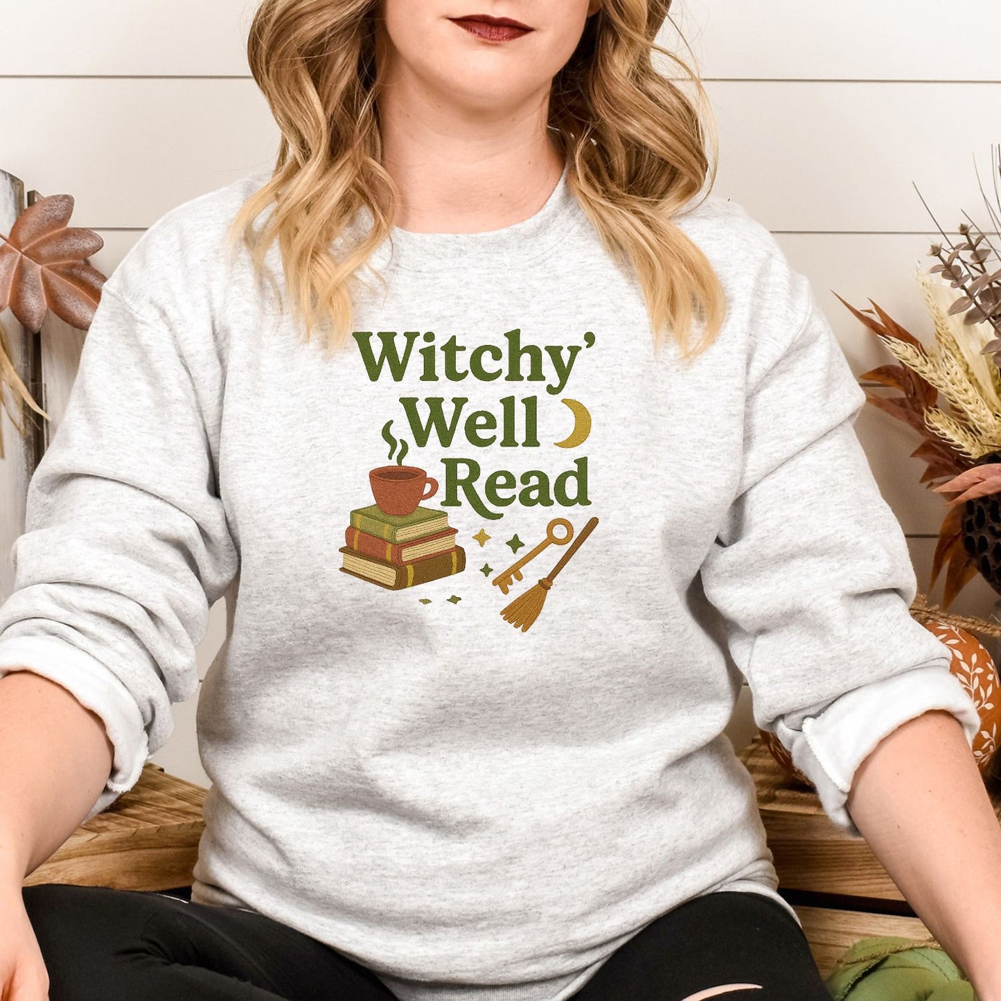 Witchy Book Lover Embroidered Sweatshirt – Spooky Autumn Cozy Reading Crewneck