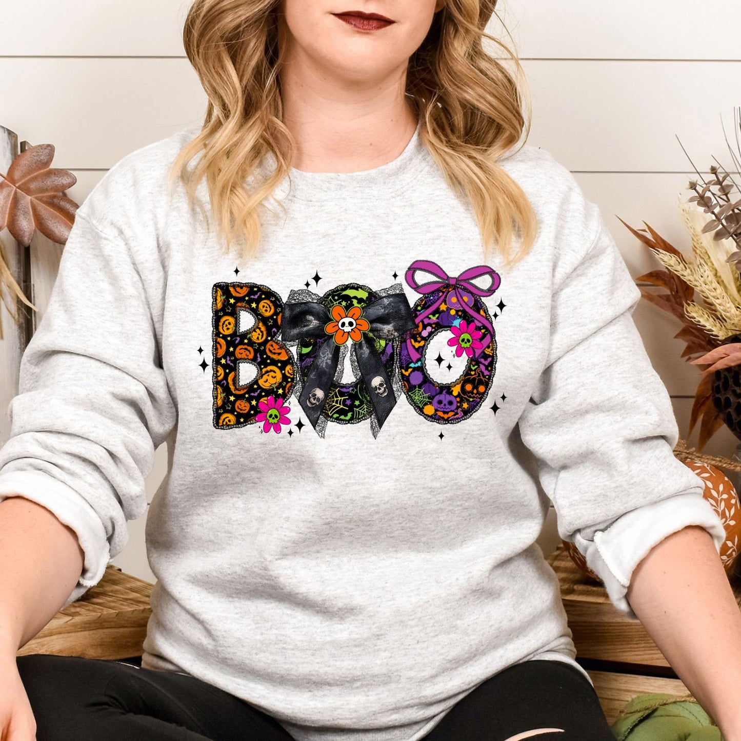BOO Halloween Shirt – Cute Spooky Bow Graphic Tee | Colorful Pumpkin & Skull Shirt | Pastel Goth Halloween Shirt | Purple Fall Aesthetic Tee
