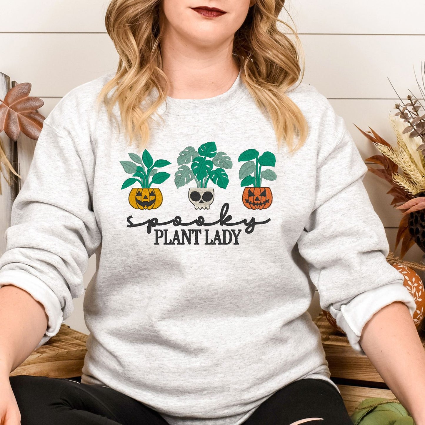 Spooky Plant Lady Halloween Sweatshirt – Jack-o'-Lantern Embroidery – Plant Mom Fall Crewneck