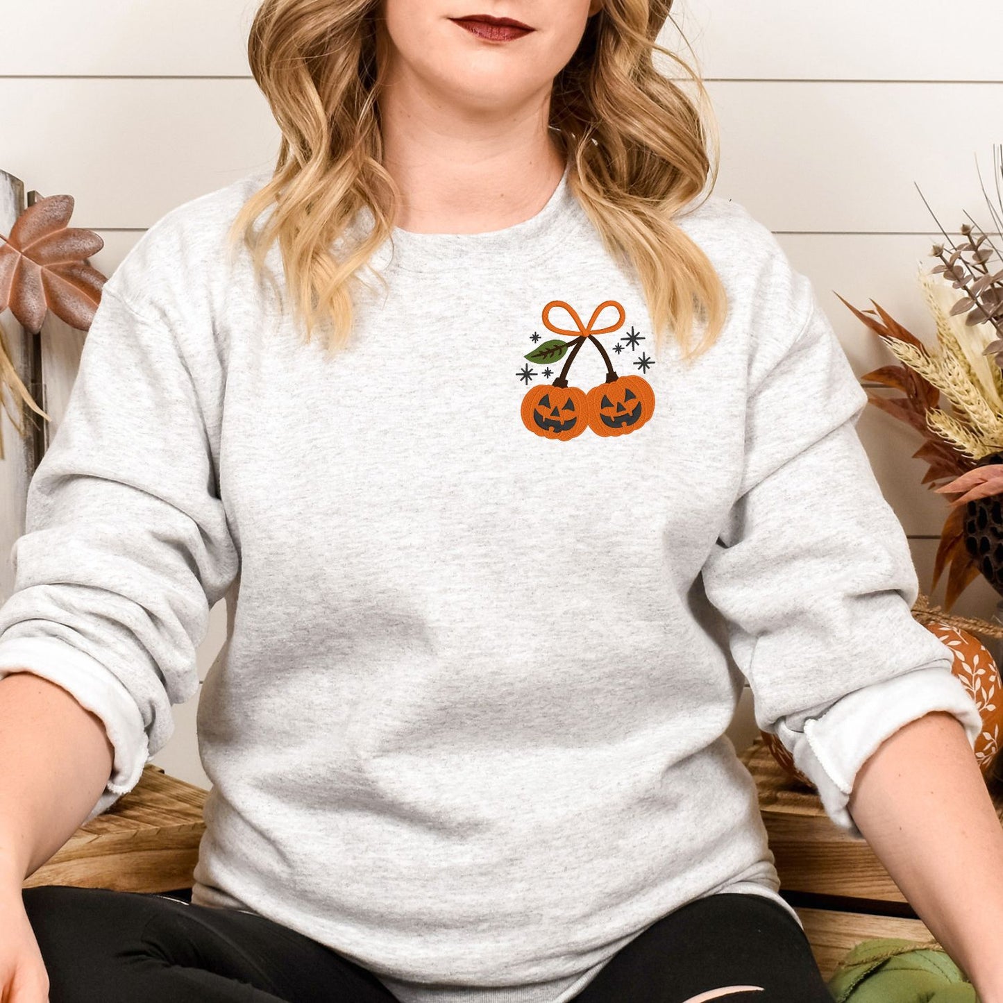 Pumpkin Pair Embroidered Crewneck Sweatshirt – Cozy Fall Halloween Aesthetic