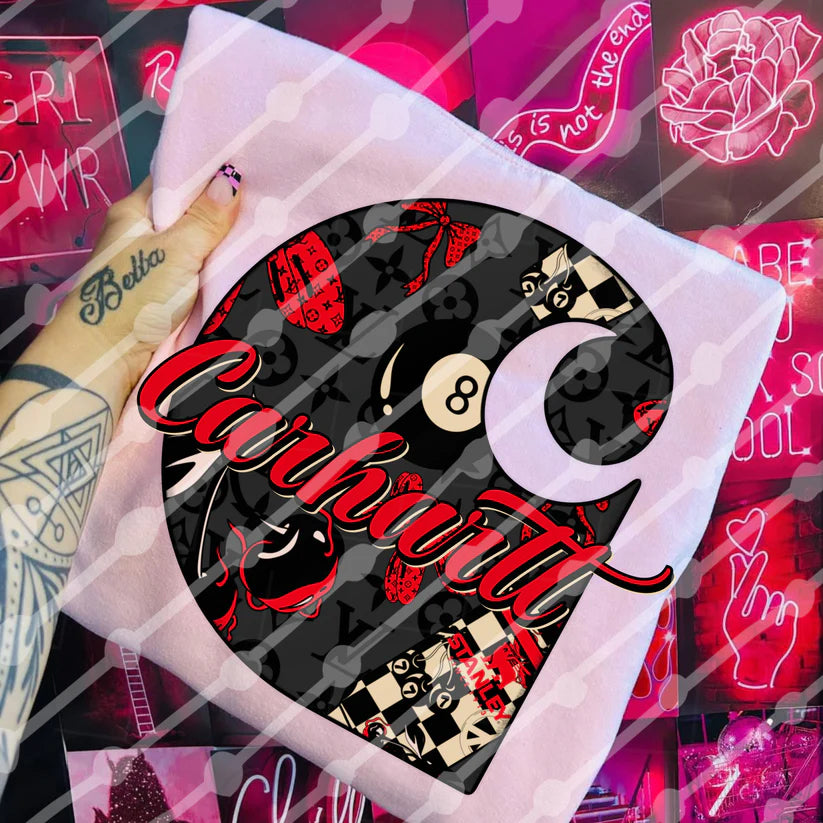 Alt Retro Graphic Sweatshirt – Pink Pullover with 8 Ball Red and Black Grunge Print, Alt Retro Graphic Sweatshirt – 8 Ball Red & Black Collage Aesthetic – Soft Pink Streetwear Top | Bold DTG Printed Pullover