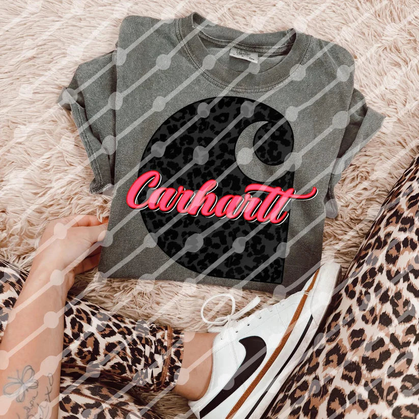 Leopard Print Graphic Tee – Charcoal Shirt with Pink Retro Script
