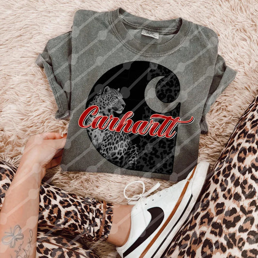 Leopard Graphic Tee – Charcoal Shirt with Red Script and Animal Print