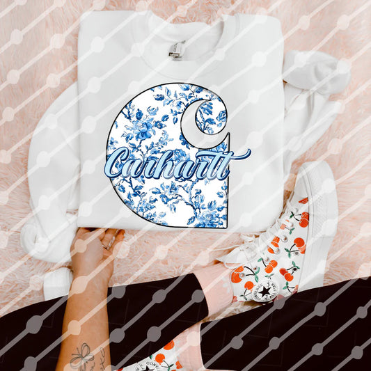 Coquette Floral Sweatshirt – Blue Toile Print on White Crewneck