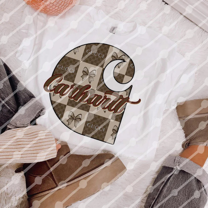 Neutral Checkerboard Bow Tee – Brown Graphic T-Shirt for Boujee Girls