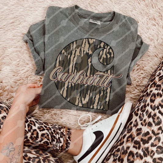 Camo Graphic Tee – DTG Printed Retro Camo Shirt with Script